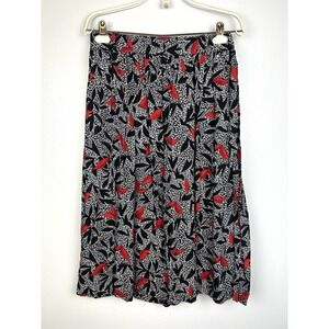 Vintage Robyn Pleated Skirt Medium? Black Red White Midi Cottagecore Floral Leaf
